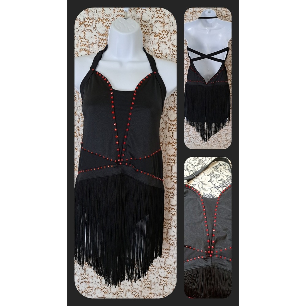 Balera Dance Costume XL Black Red Rhinestone Fringe Halter Bodysuit Strappy Back - Picture 12 of 12